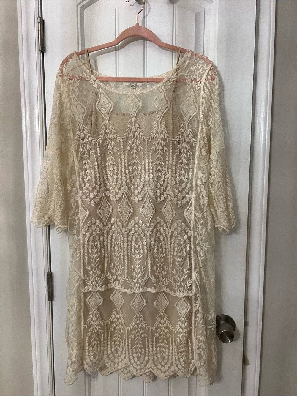 Umgee Boho Lace Overlay Dress with inner slip - Cream/Tan best for medium